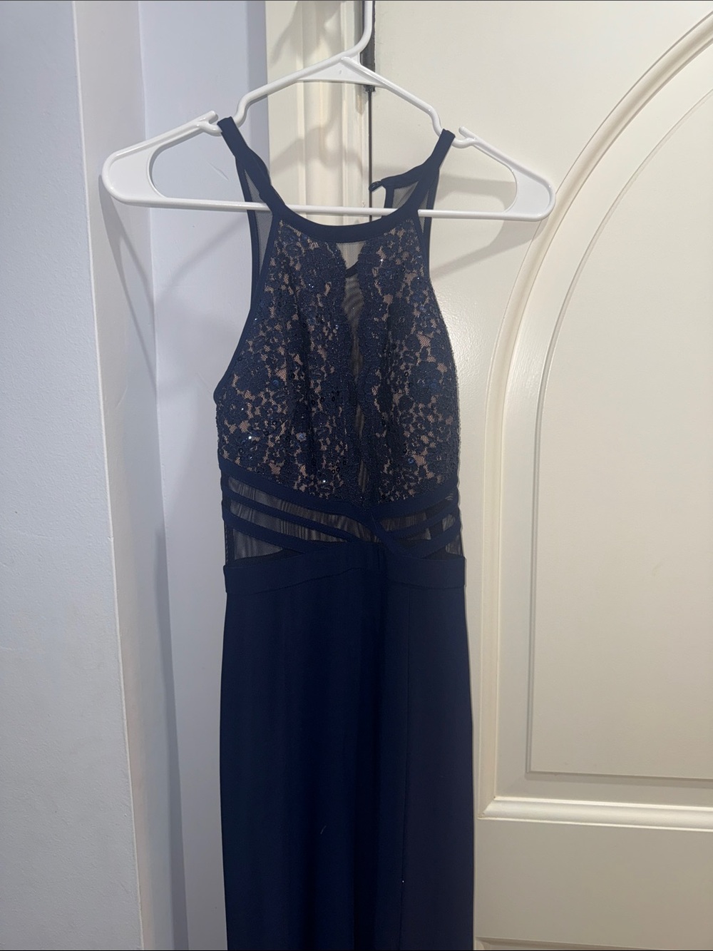 Morgan & Co. Navy Lace Halter Evening Dress